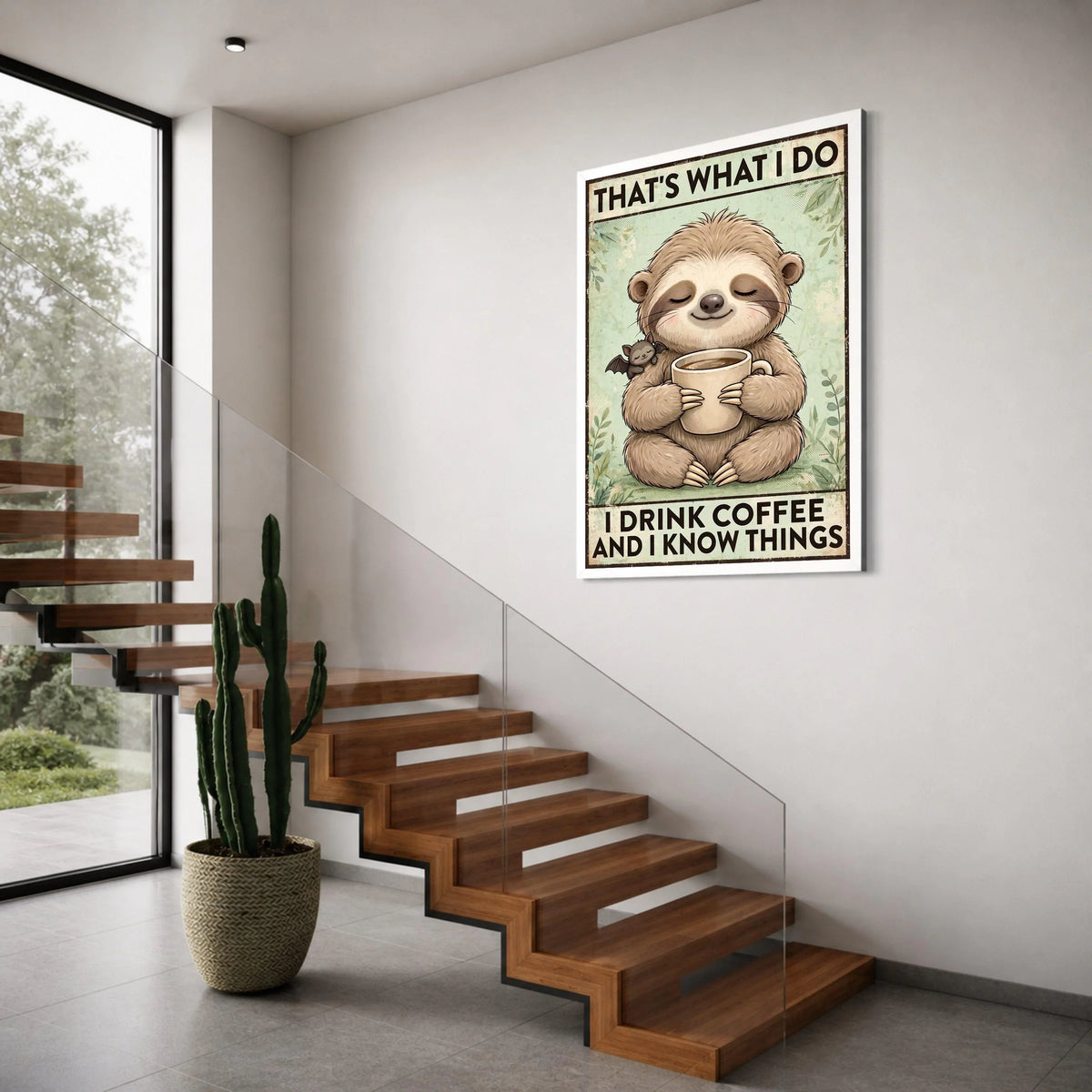 Cute Sloth with Coffee Cup Canvas, Funny Coffee Quote Wall Art, Whimsical Animal Illustration, Relaxing Home Decor Canvas Print Art