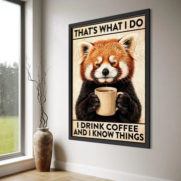 Red Panda with Coffee Mug Canvas, Funny Animal Wall Art, Coffee Lover Quote Canvas, Cute Wildlife Illustration, Home Decor Canvas Print Art