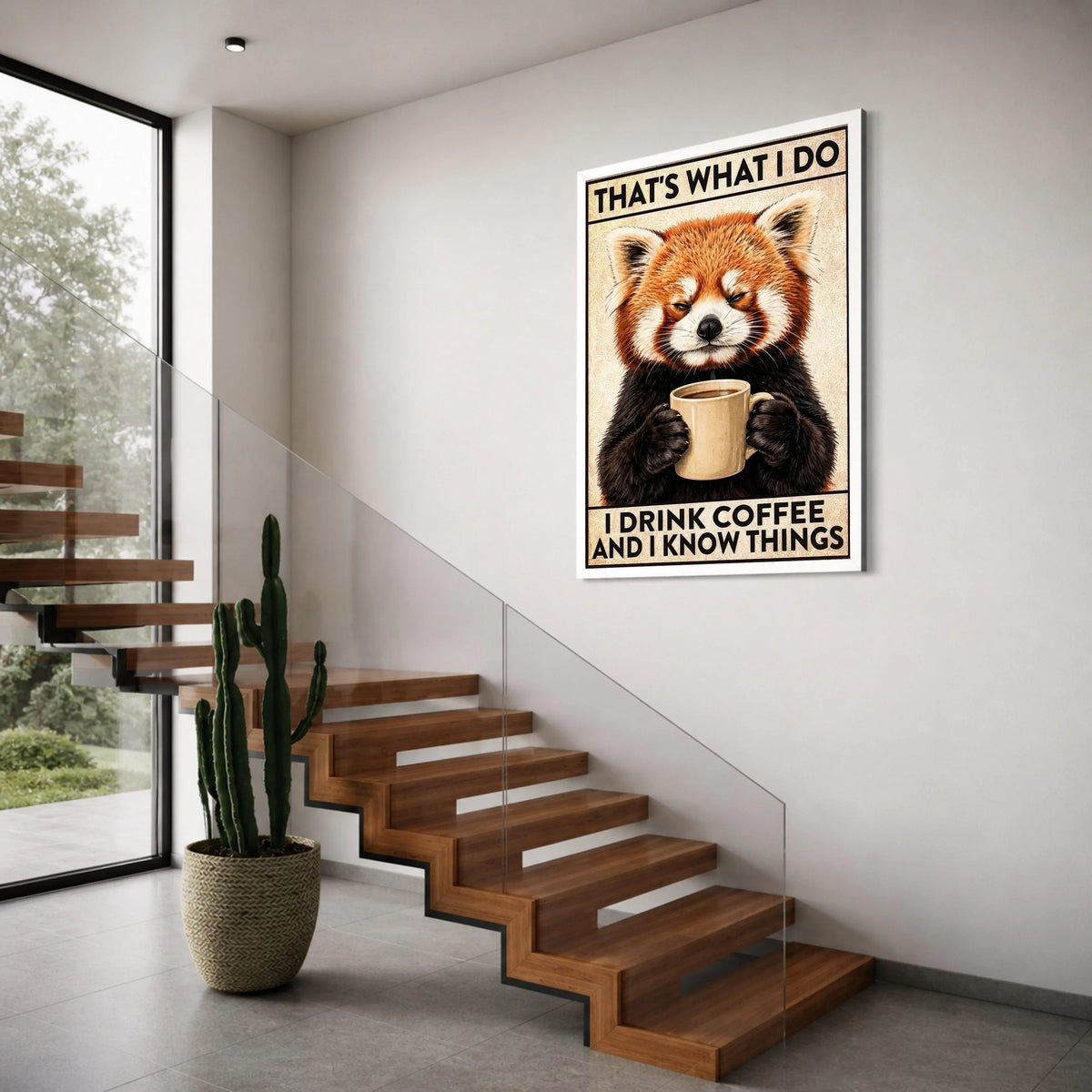 Red Panda with Coffee Mug Canvas, Funny Animal Wall Art, Coffee Lover Quote Canvas, Cute Wildlife Illustration, Home Decor Canvas Print Art