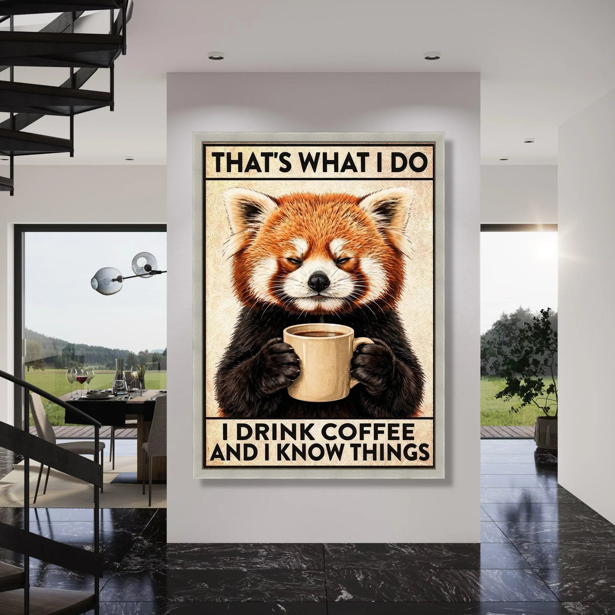 Red Panda with Coffee Mug Canvas, Funny Animal Wall Art, Coffee Lover Quote Canvas, Cute Wildlife Illustration, Home Decor Canvas Print Art