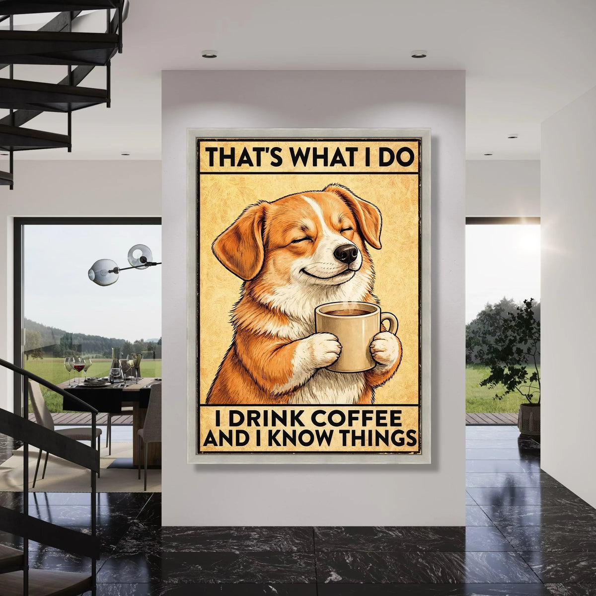 Smiling Dog Holding Coffee Mug Canvas, Funny Coffee Quote Wall Art, Cute Pet Illustration Canvas, Kitchen Coffee Decor, Ready to Print Art