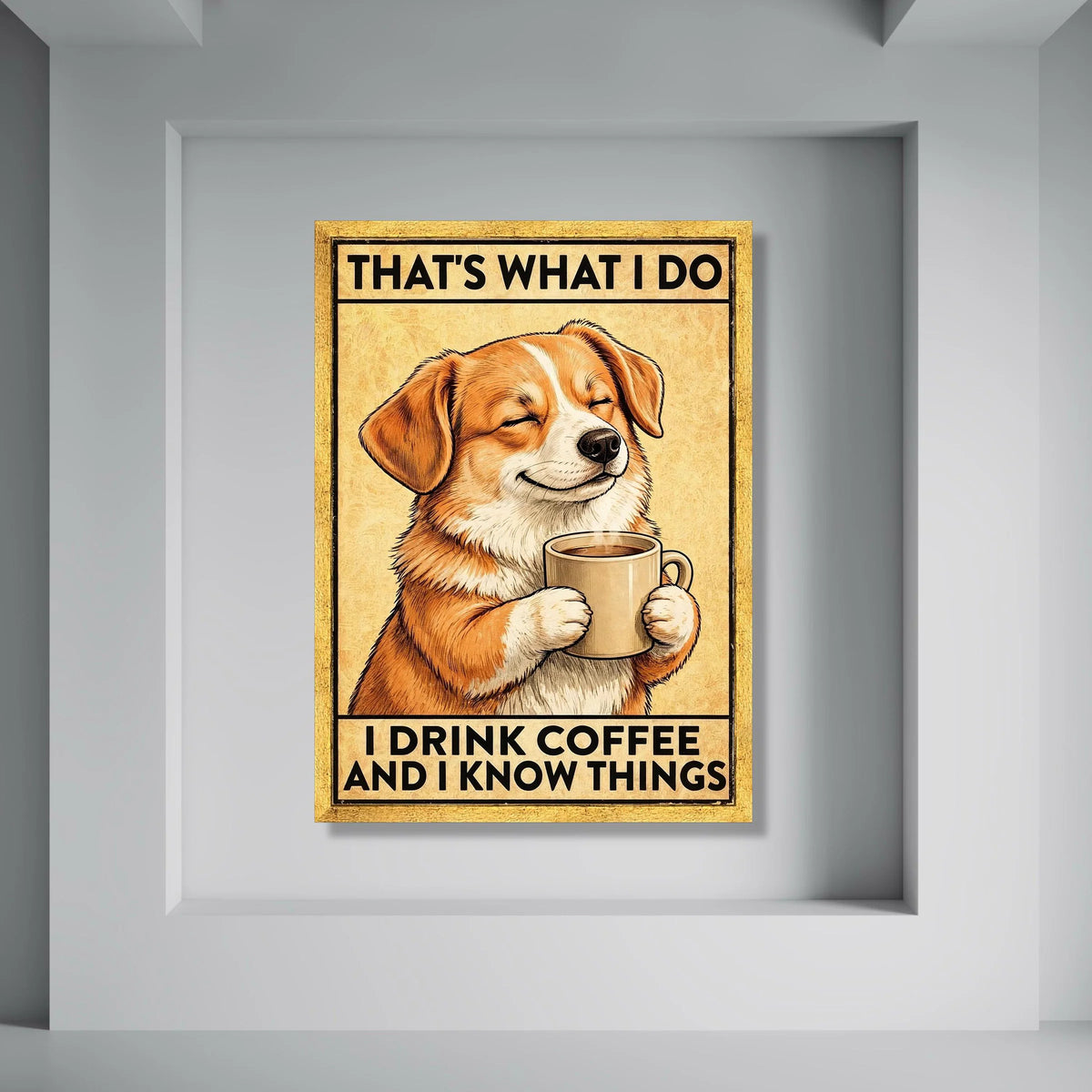 Smiling Dog Holding Coffee Mug Canvas, Funny Coffee Quote Wall Art, Cute Pet Illustration Canvas, Kitchen Coffee Decor, Ready to Print Art