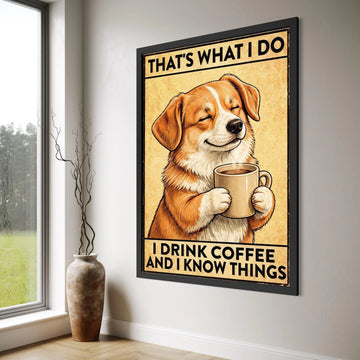 Smiling Dog Holding Coffee Mug Canvas, Funny Coffee Quote Wall Art, Cute Pet Illustration Canvas, Kitchen Coffee Decor, Ready to Print Art