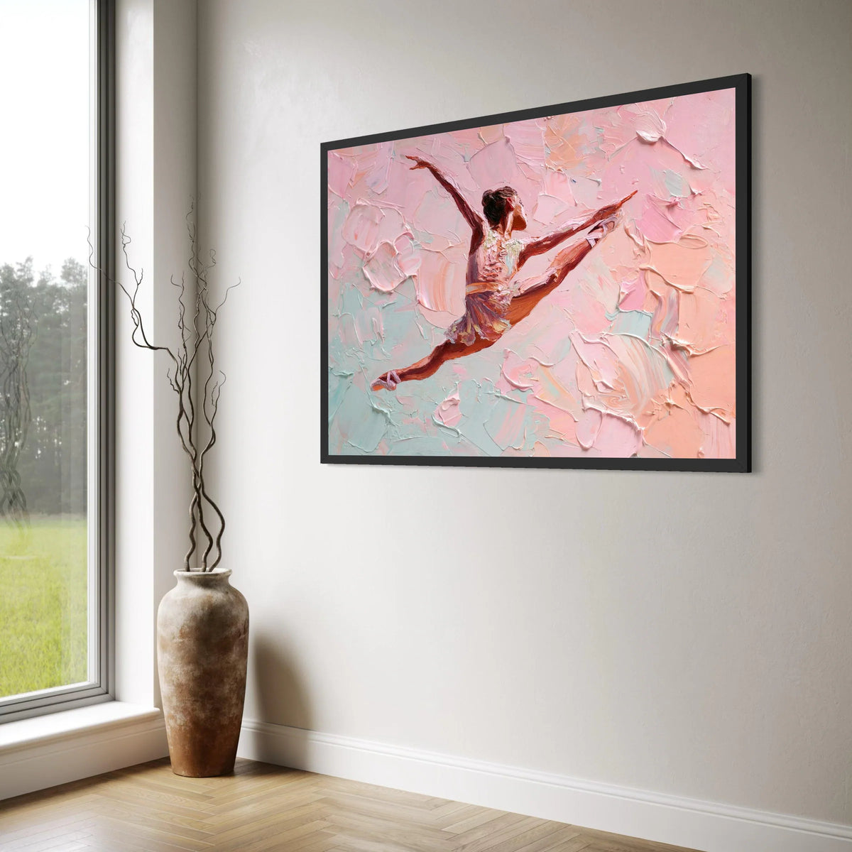 Graceful Ballerina Leap Canvas, Contemporary Ballet Dancer Wall Art, Pink Pastel Home Decor, Elegant Dance Illustration Canvas Print Art