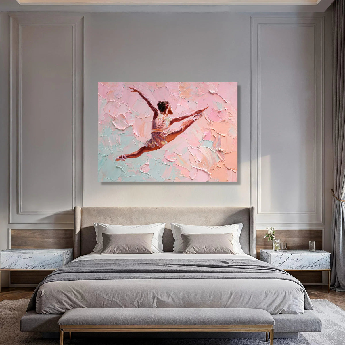 Graceful Ballerina Leap Canvas, Contemporary Ballet Dancer Wall Art, Pink Pastel Home Decor, Elegant Dance Illustration Canvas Print Art