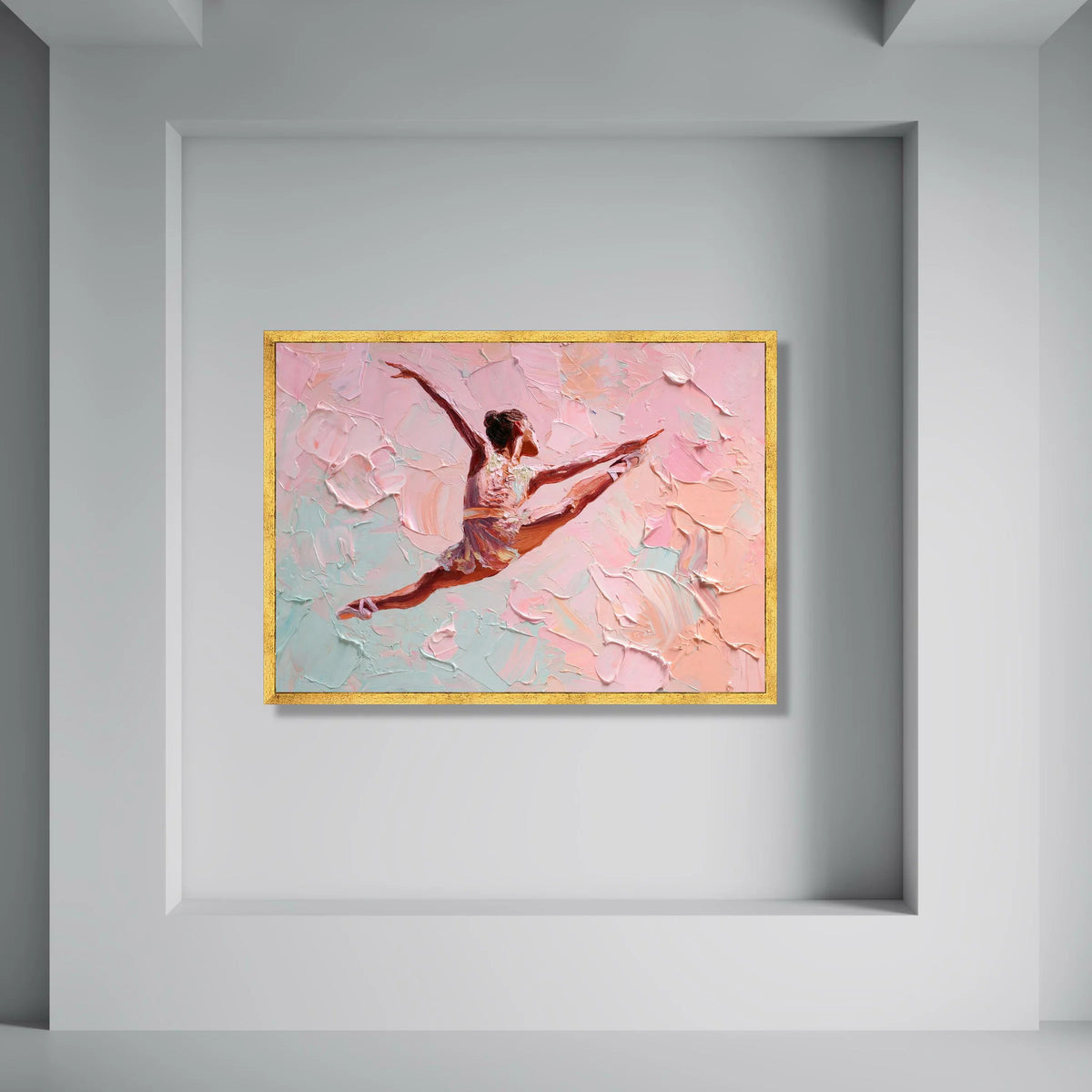 Graceful Ballerina Leap Canvas, Contemporary Ballet Dancer Wall Art, Pink Pastel Home Decor, Elegant Dance Illustration Canvas Print Art