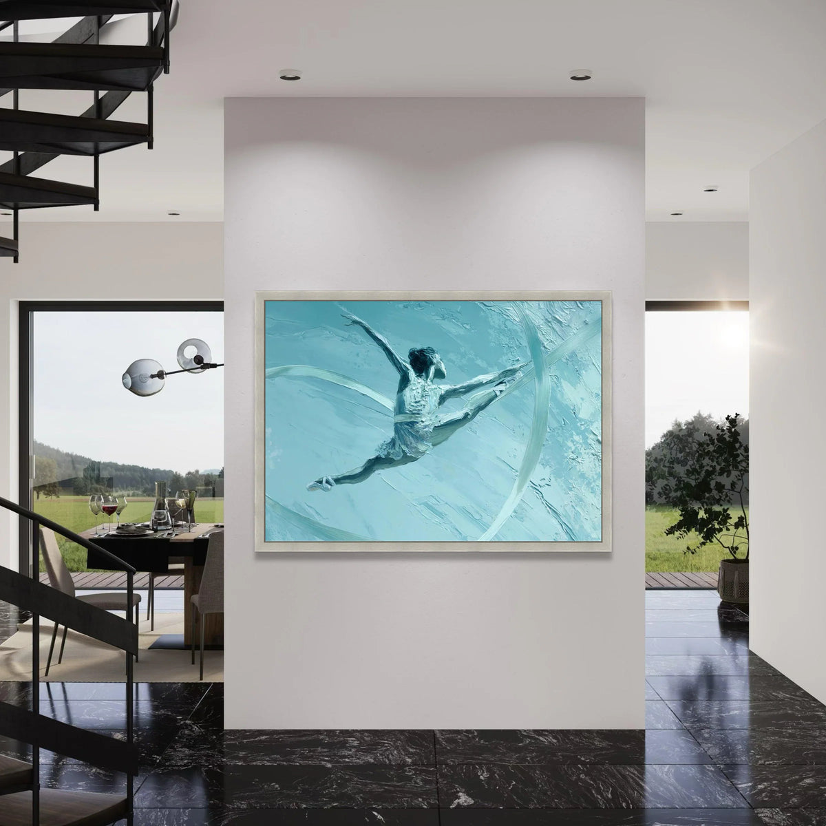 Elegant Ballet Dancer Canvas, Dynamic Dance Pose Wall Art, Blue Abstract Movement Canvas, Graceful Female Silhouette Art Print Art