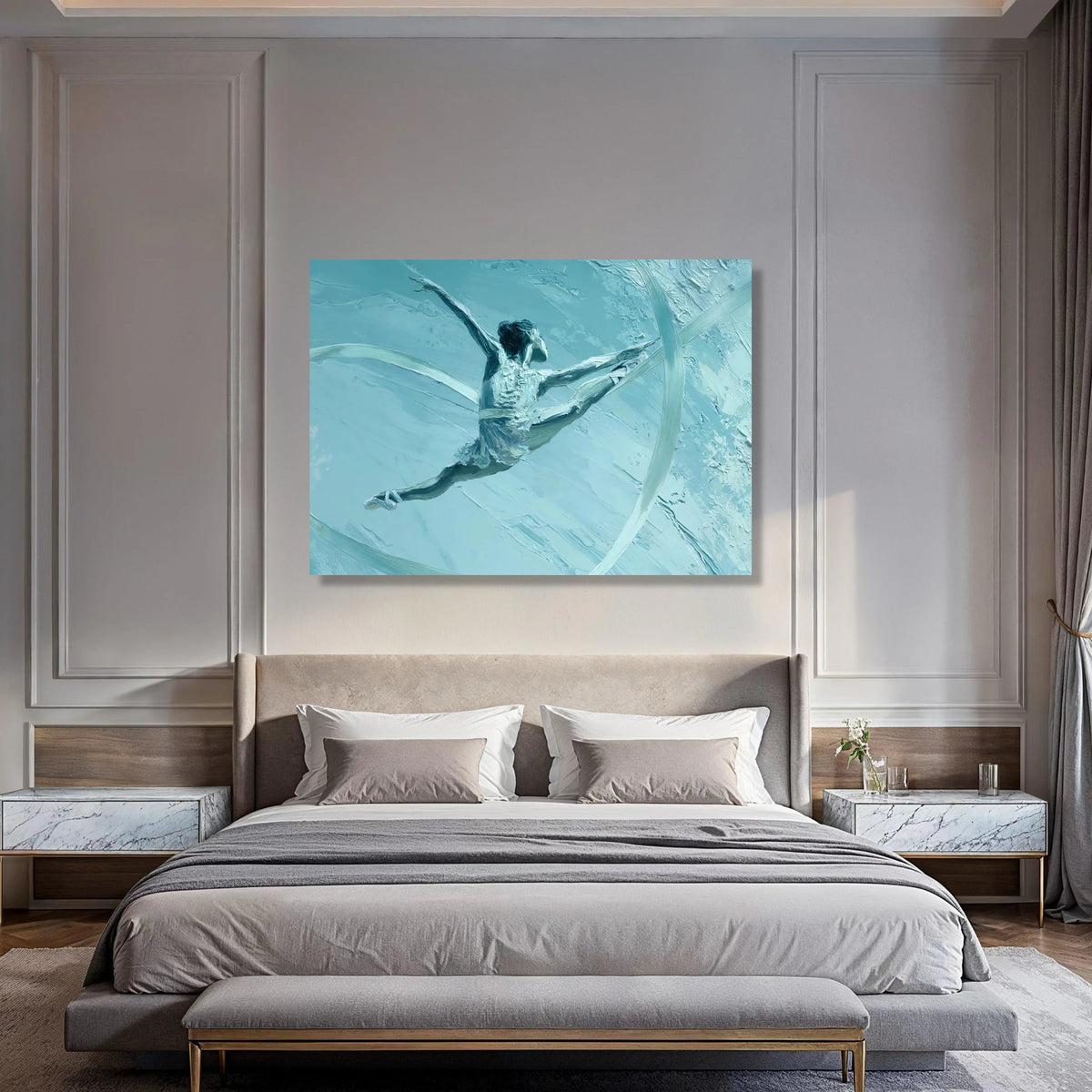 Elegant Ballet Dancer Canvas, Dynamic Dance Pose Wall Art, Blue Abstract Movement Canvas, Graceful Female Silhouette Art Print Art