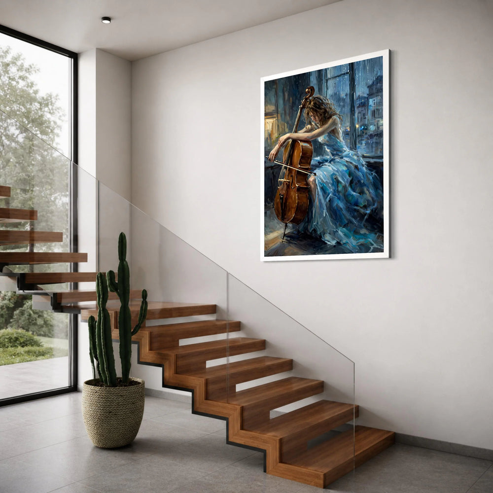 Melancholic Cellist Blue Dress, Rainy Window Canvas, Musical Art Print, Emotional Scene Wall Art, Elegant Home Decoration Print Art