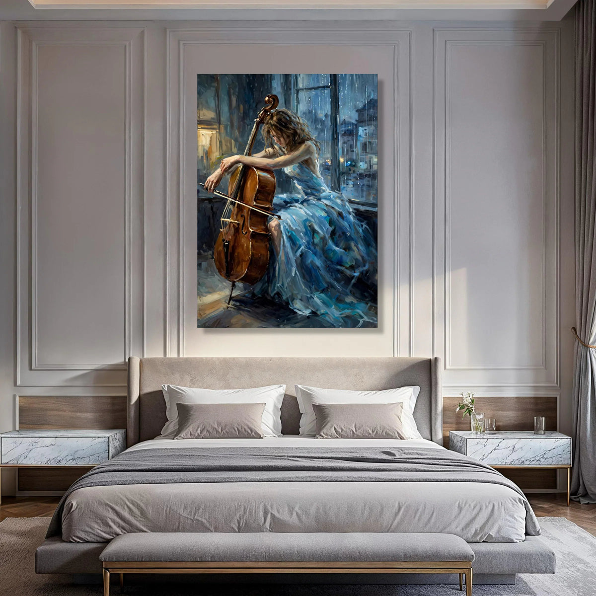 Melancholic Cellist Blue Dress, Rainy Window Canvas, Musical Art Print, Emotional Scene Wall Art, Elegant Home Decoration Print Art