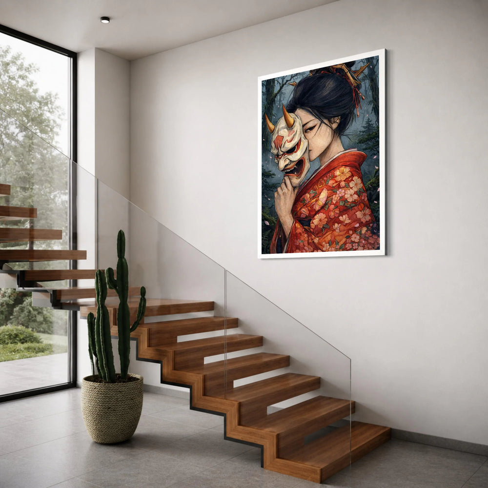 Japanese Woman Kimono Holding Oni Mask Canvas Wall Art, Traditional Geisha Portrait, Dark Forest Background, Asian Culture Canvas, Print Art