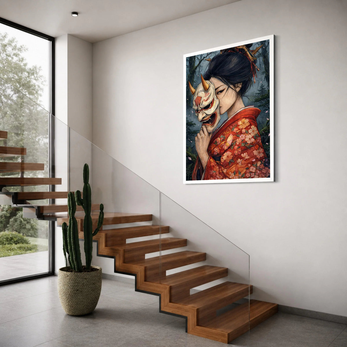 Japanese Woman Kimono Holding Oni Mask Canvas Wall Art, Traditional Geisha Portrait, Dark Forest Background, Asian Culture Canvas, Print Art