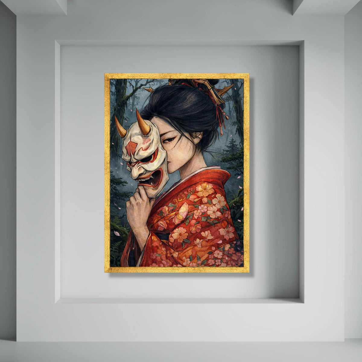 Japanese Woman Kimono Holding Oni Mask Canvas Wall Art, Traditional Geisha Portrait, Dark Forest Background, Asian Culture Canvas, Print Art