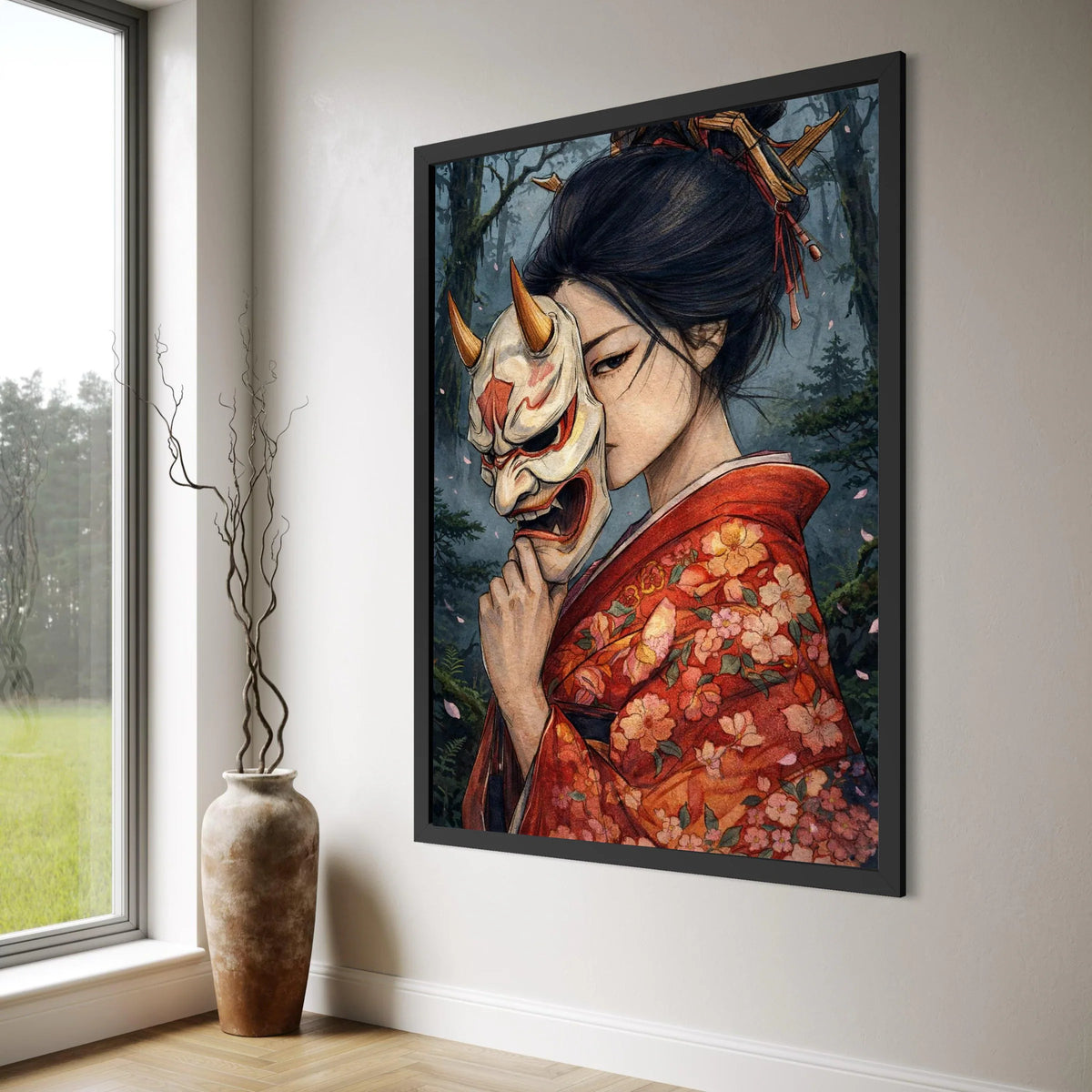 Japanese Woman Kimono Holding Oni Mask Canvas Wall Art, Traditional Geisha Portrait, Dark Forest Background, Asian Culture Canvas, Print Art
