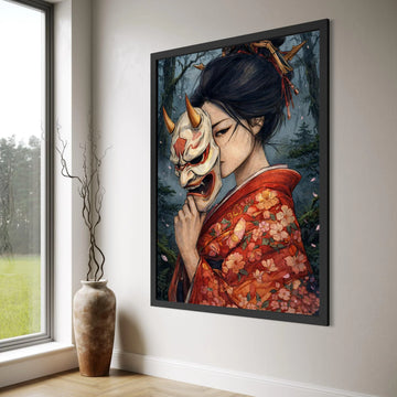 Japanese Woman Kimono Holding Oni Mask Canvas Wall Art, Traditional Geisha Portrait, Dark Forest Background, Asian Culture Canvas, Print Art