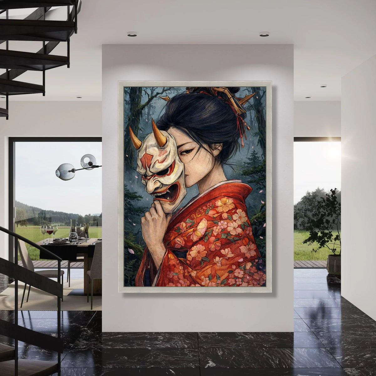 Japanese Woman Kimono Holding Oni Mask Canvas Wall Art, Traditional Geisha Portrait, Dark Forest Background, Asian Culture Canvas, Print Art