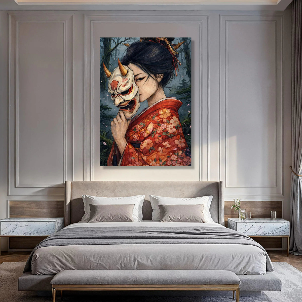 Japanese Woman Kimono Holding Oni Mask Canvas Wall Art, Traditional Geisha Portrait, Dark Forest Background, Asian Culture Canvas, Print Art