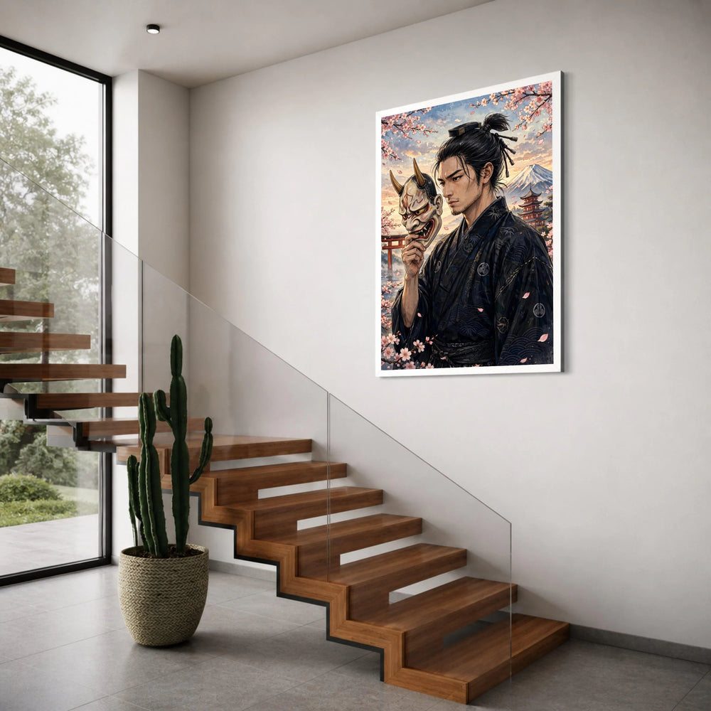 Traditional Samurai Holding Oni Mask, Cherry Blossom Canvas Wall Art, Japanese Culture Decor, Mount Fuji Landscape, Asian Warrior Print Art