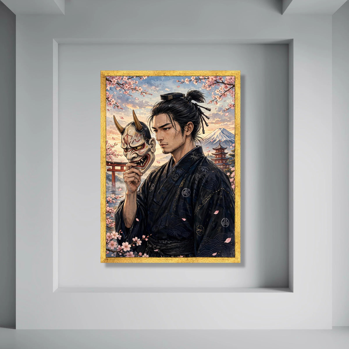 Traditional Samurai Holding Oni Mask, Cherry Blossom Canvas Wall Art, Japanese Culture Decor, Mount Fuji Landscape, Asian Warrior Print Art