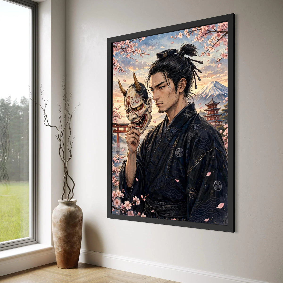 Traditional Samurai Holding Oni Mask, Cherry Blossom Canvas Wall Art, Japanese Culture Decor, Mount Fuji Landscape, Asian Warrior Print Art