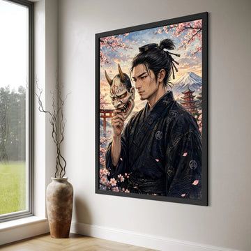 Traditional Samurai Holding Oni Mask, Cherry Blossom Canvas Wall Art, Japanese Culture Decor, Mount Fuji Landscape, Asian Warrior Print Art