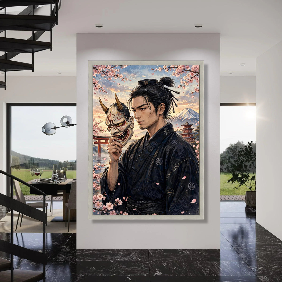 Traditional Samurai Holding Oni Mask, Cherry Blossom Canvas Wall Art, Japanese Culture Decor, Mount Fuji Landscape, Asian Warrior Print Art
