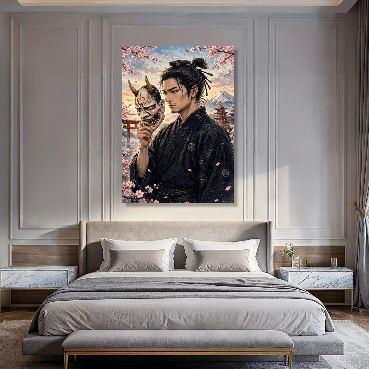 Traditional Samurai Holding Oni Mask, Cherry Blossom Canvas Wall Art, Japanese Culture Decor, Mount Fuji Landscape, Asian Warrior Print Art