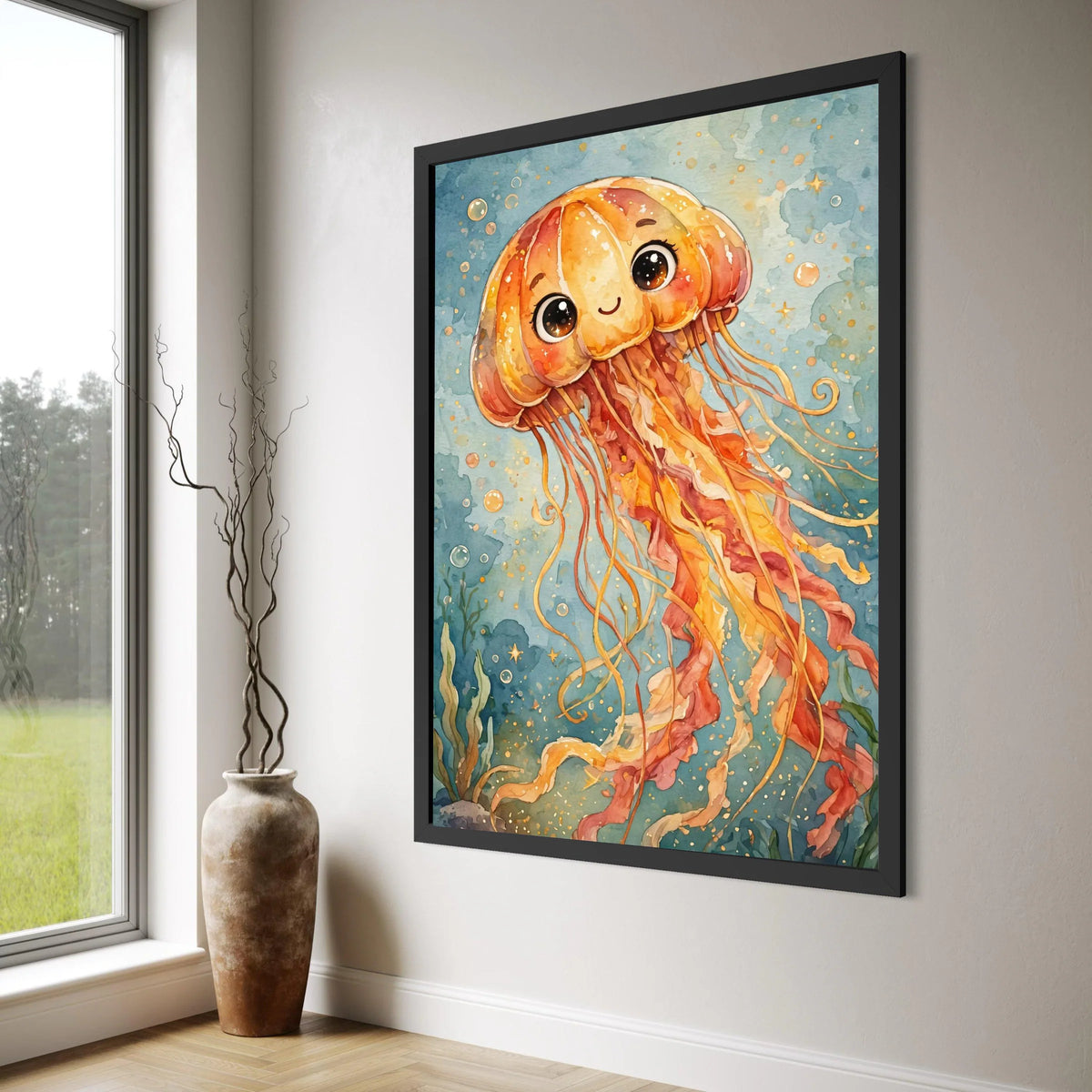 Cute Jellyfish Canvas Wall Art, Whimsical Ocean Decor, Underwater Marine Life Painting, Colorful Sea Creature Canvas, Kids Room Print Art