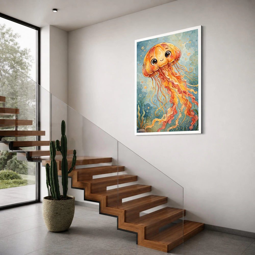 Cute Jellyfish Canvas Wall Art, Whimsical Ocean Decor, Underwater Marine Life Painting, Colorful Sea Creature Canvas, Kids Room Print Art