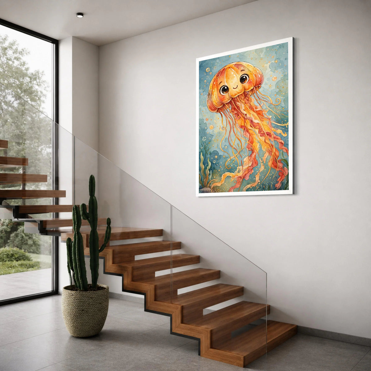 Cute Jellyfish Canvas Wall Art, Whimsical Ocean Decor, Underwater Marine Life Painting, Colorful Sea Creature Canvas, Kids Room Print Art