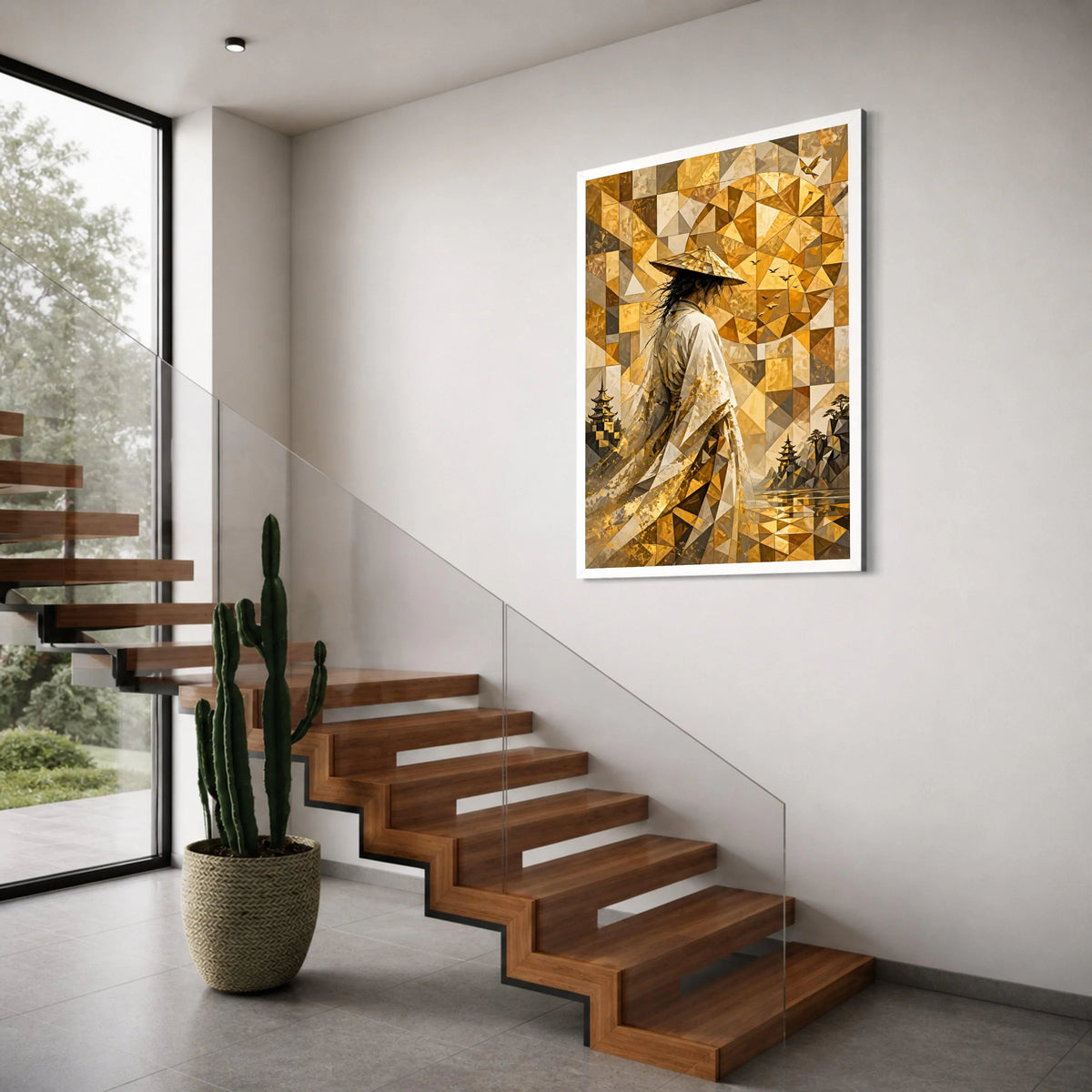 Geometric Samurai Woman Canvas, Asian Wall Art, Golden Tones Home Decor, Japanese Landscape Canvas, Modern Abstract Art Print Art