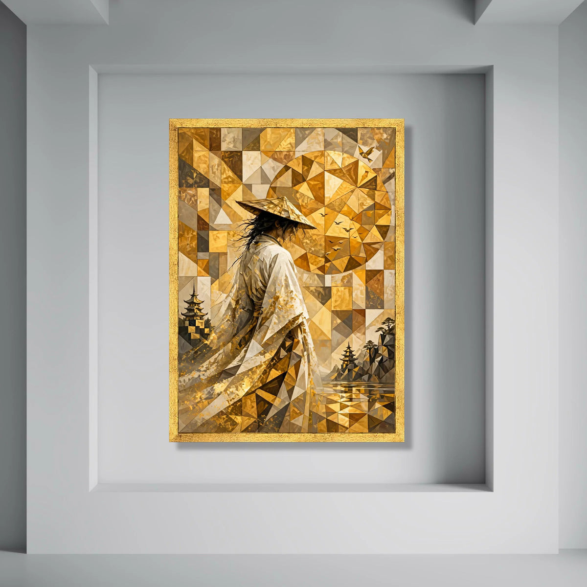 Geometric Samurai Woman Canvas, Asian Wall Art, Golden Tones Home Decor, Japanese Landscape Canvas, Modern Abstract Art Print Art