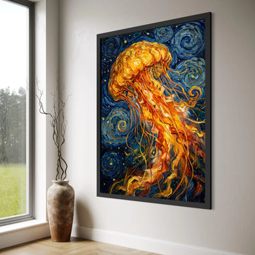 Vibrant Jellyfish Underwater Canvas, Abstract Ocean Scene, Swirling Blue Sea Canvas, Marine Life Wall Art, Coastal Home Decoration Print Art