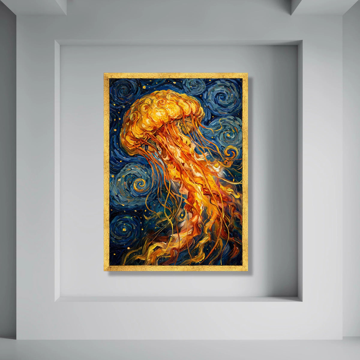 Vibrant Jellyfish Underwater Canvas, Abstract Ocean Scene, Swirling Blue Sea Canvas, Marine Life Wall Art, Coastal Home Decoration Print Art