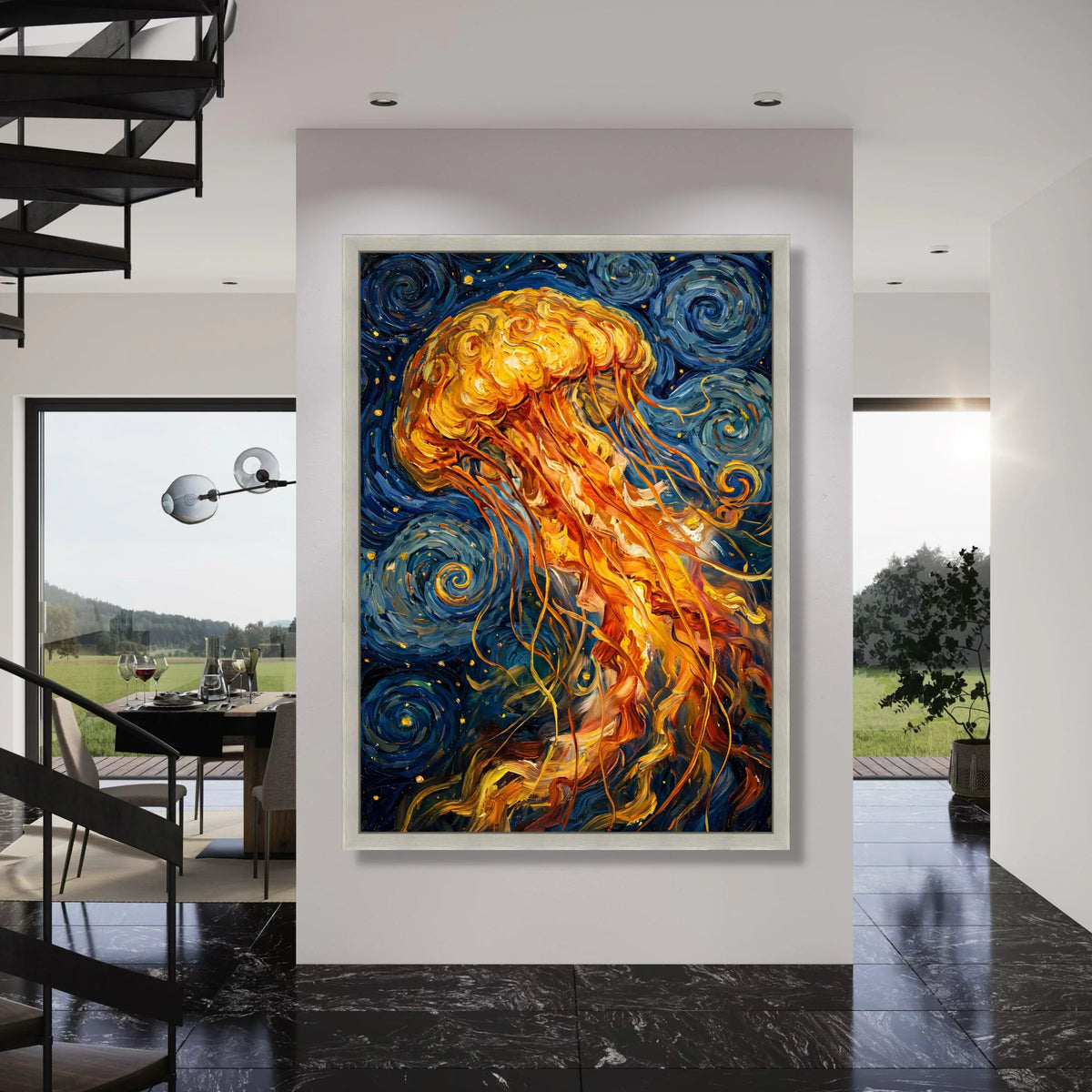 Vibrant Jellyfish Underwater Canvas, Abstract Ocean Scene, Swirling Blue Sea Canvas, Marine Life Wall Art, Coastal Home Decoration Print Art