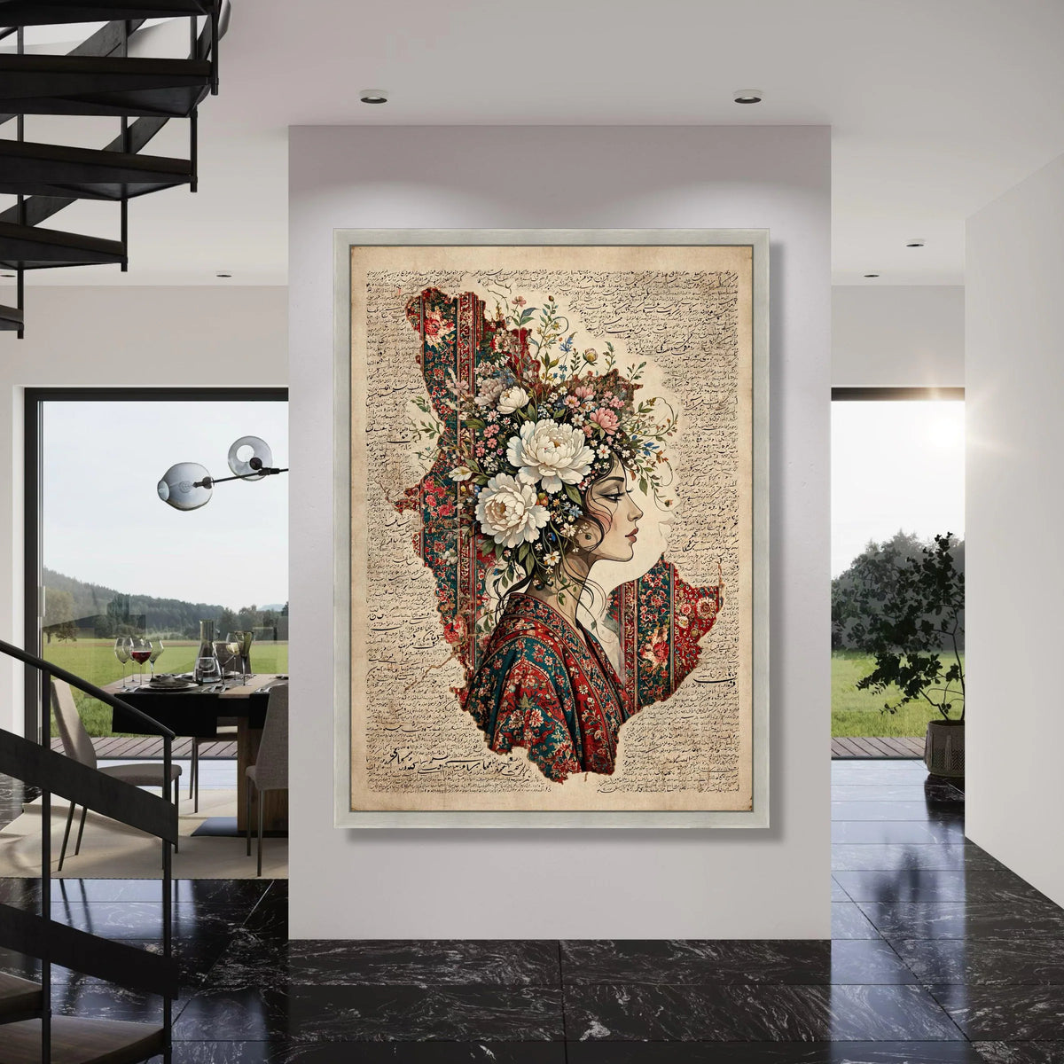 Floral Crowned Woman Canvas, Persian Calligraphy Art, Vintage Style Portrait, Decorative Wall Art, Elegant Home Decoration Print Art