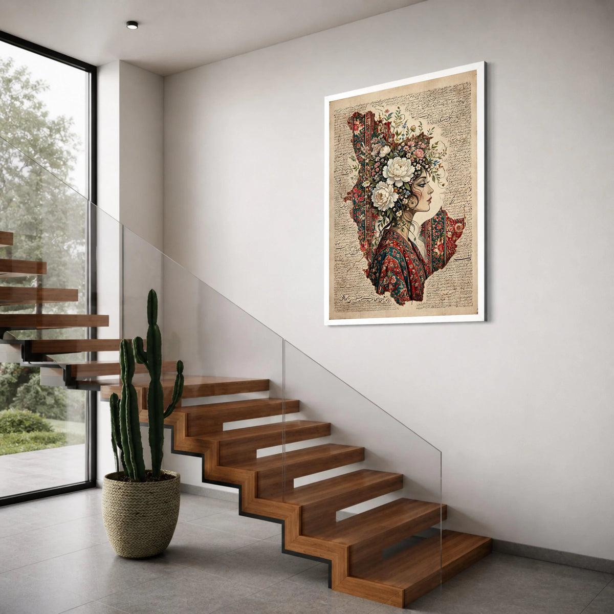 Floral Crowned Woman Canvas, Persian Calligraphy Art, Vintage Style Portrait, Decorative Wall Art, Elegant Home Decoration Print Art
