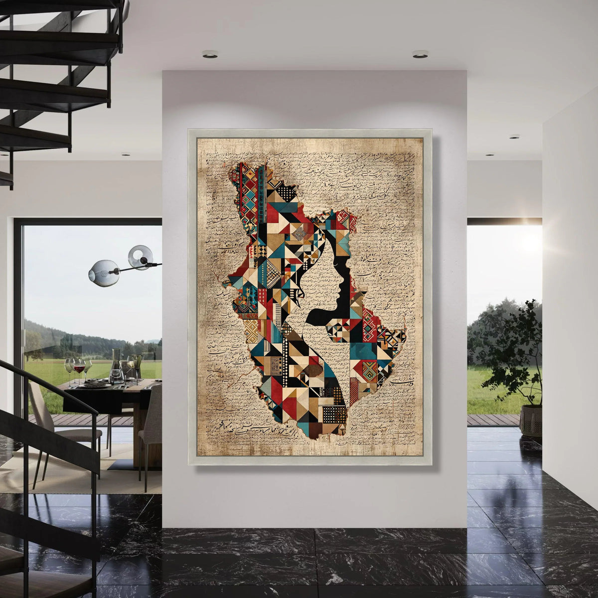 Geometric Woman Silhouette Canvas, Arabic Calligraphy Wall Art, Abstract Cultural Canvas, Middle Eastern Art Print, Home Print Art