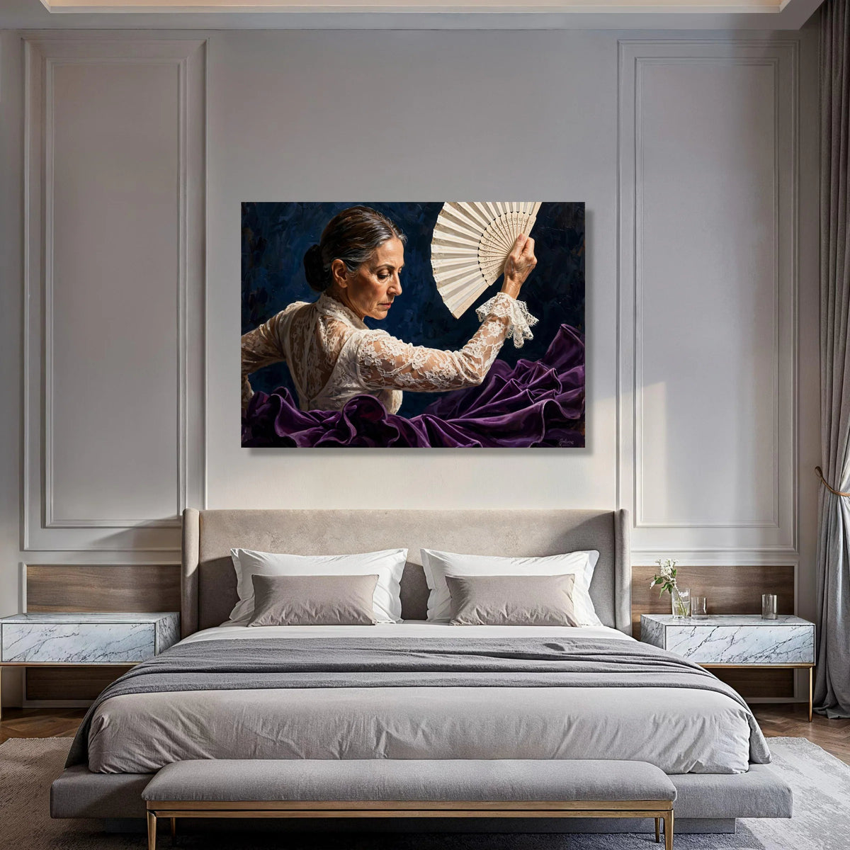 Elegant Flamenco Dancer with Fan Canvas, Spanish Dance Wall Art, Woman Lace Dress, Cultural Home Decoration, Ready to Hang Canvas Print Art