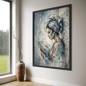 Serene Woman Reading Newspaper Canvas, Urban Watercolor Art, Modern Female Portrait, Wall Decor for Living Room, Contemporary Print Art