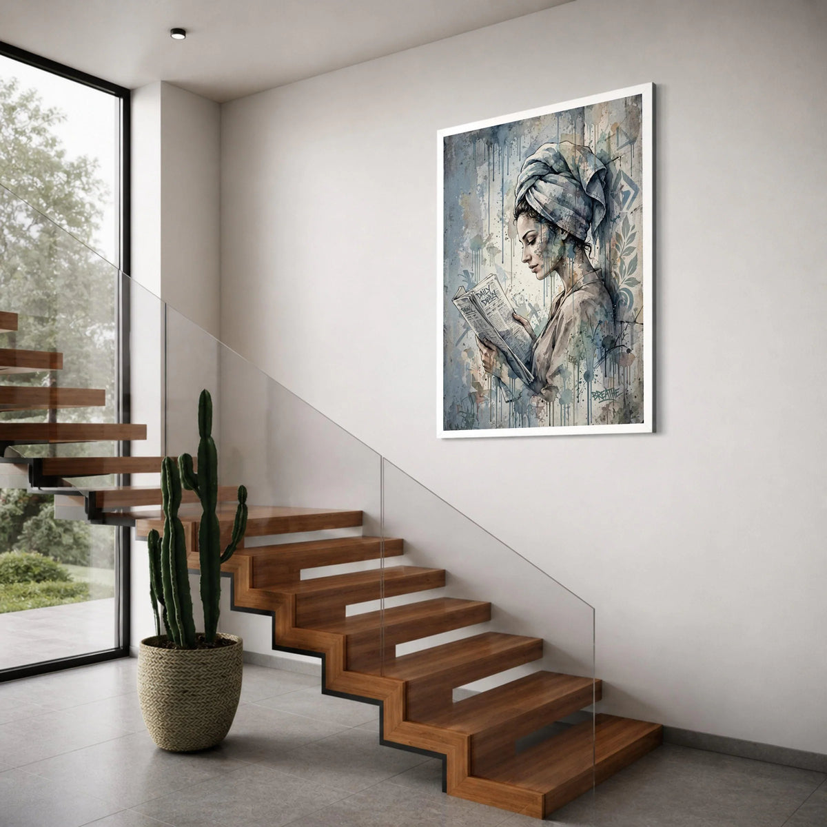 Serene Woman Reading Newspaper Canvas, Urban Watercolor Art, Modern Female Portrait, Wall Decor for Living Room, Contemporary Print Art