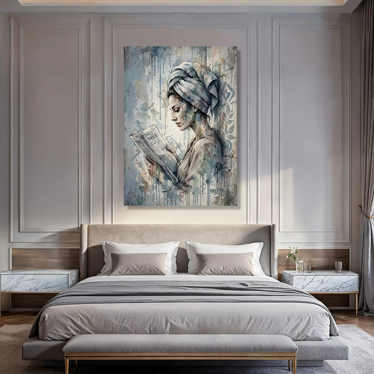 Serene Woman Reading Newspaper Canvas, Urban Watercolor Art, Modern Female Portrait, Wall Decor for Living Room, Contemporary Print Art