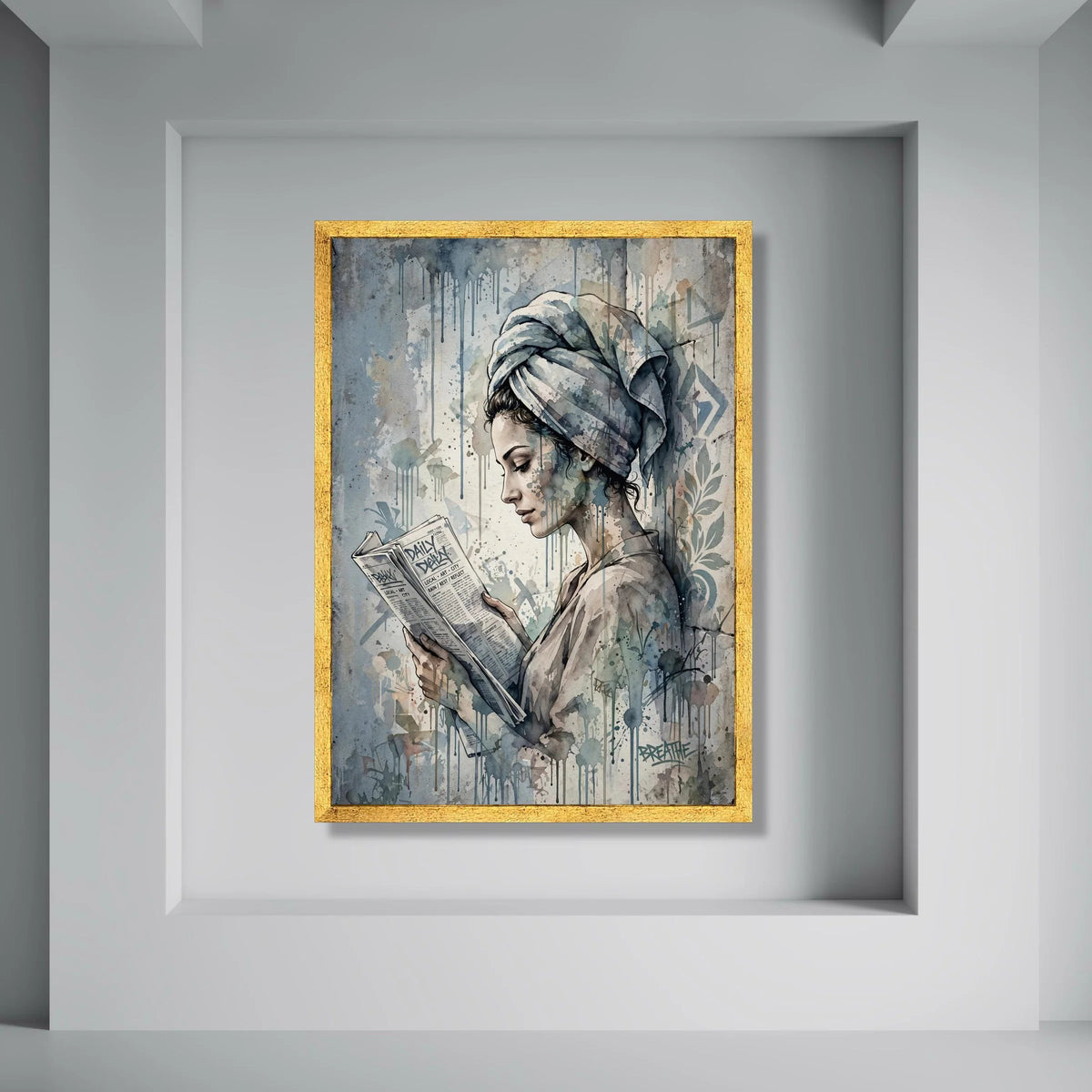 Serene Woman Reading Newspaper Canvas, Urban Watercolor Art, Modern Female Portrait, Wall Decor for Living Room, Contemporary Print Art