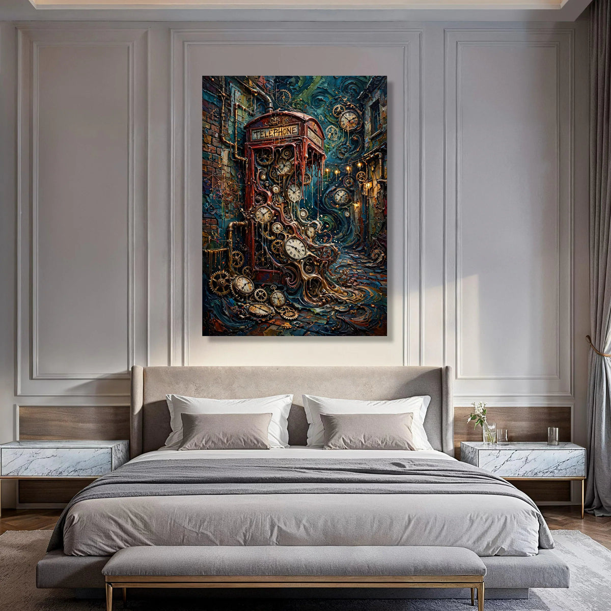 Steampunk Telephone Booth Canvas, Vintage Clock Gears Wall Art, Mechanical Timepiece Design, Surreal Street Scene Canvas, Retro Print Art