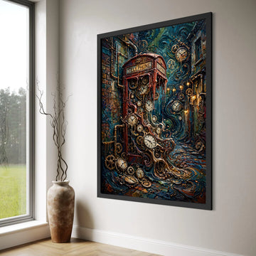 Steampunk Telephone Booth Canvas, Vintage Clock Gears Wall Art, Mechanical Timepiece Design, Surreal Street Scene Canvas, Retro Print Art