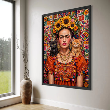 Vibrant Frida Portrait Canvas, Sunflower Headpiece Wall Art, Colorful Mexican Culture Decoration, Cat Companions Canvas, Boho Home Print Art