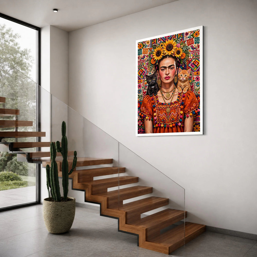Vibrant Frida Portrait Canvas, Sunflower Headpiece Wall Art, Colorful Mexican Culture Decoration, Cat Companions Canvas, Boho Home Print Art