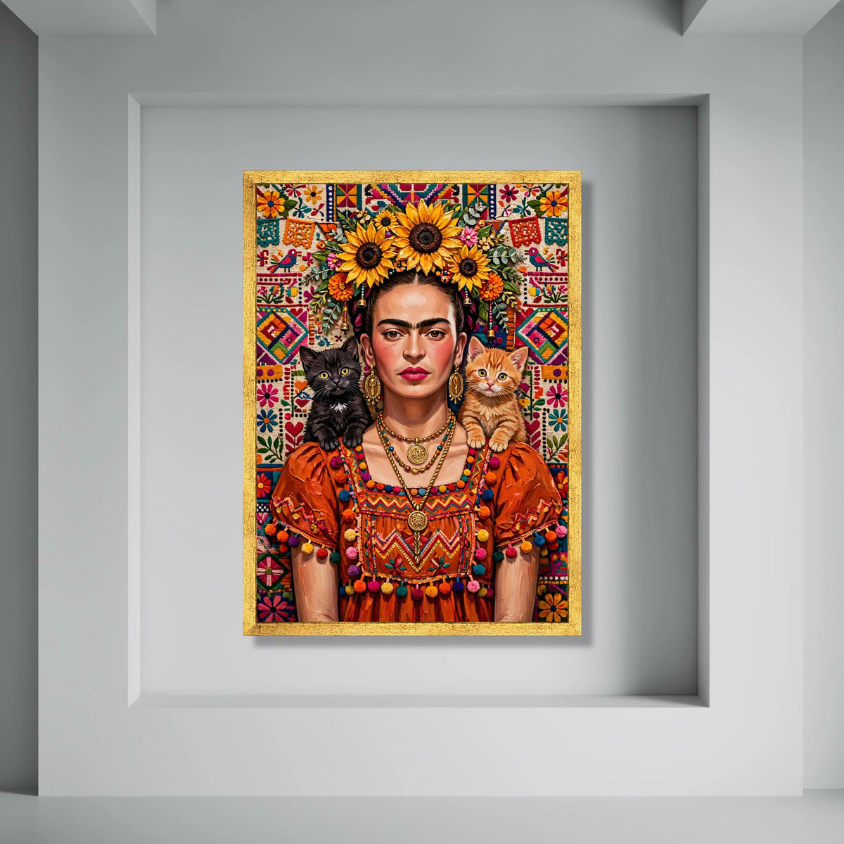 Vibrant Frida Portrait Canvas, Sunflower Headpiece Wall Art, Colorful Mexican Culture Decoration, Cat Companions Canvas, Boho Home Print Art
