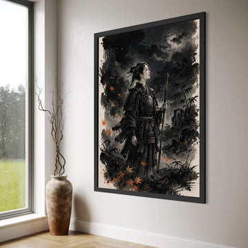 Female Samurai Warrior Canvas Art, Asian Armor Wall Decor, Traditional Warrior Illustration, Moonlit Night Scene, Japanese Culture Print Art