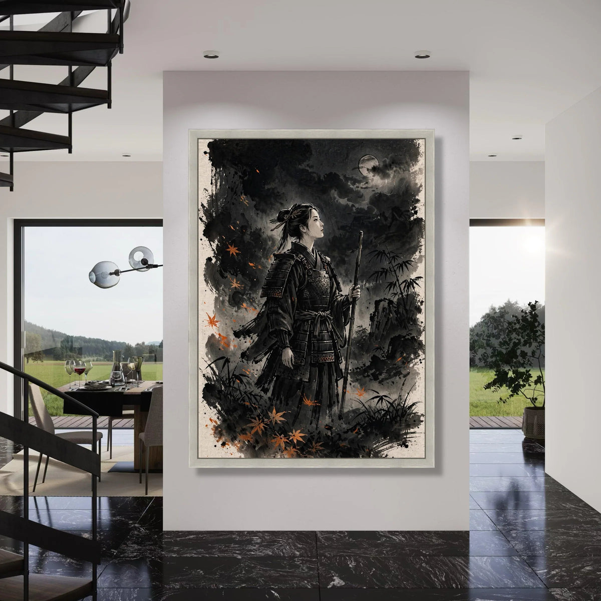 Female Samurai Warrior Canvas Art, Asian Armor Wall Decor, Traditional Warrior Illustration, Moonlit Night Scene, Japanese Culture Print Art